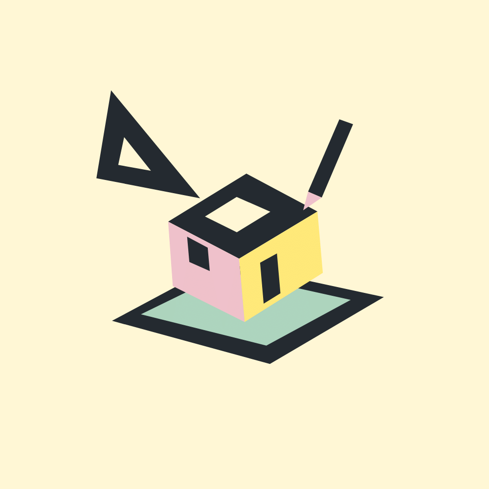 Illustration d’une maquette architecturale, d’une équerre et d’un crayon