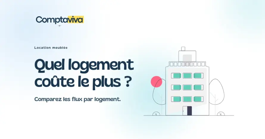 Location meublée : quel logement coûte le plus ? Comparez les flux par logement. Illustration d’un immeuble aux fenêtres vertes, cover Comptaviva.