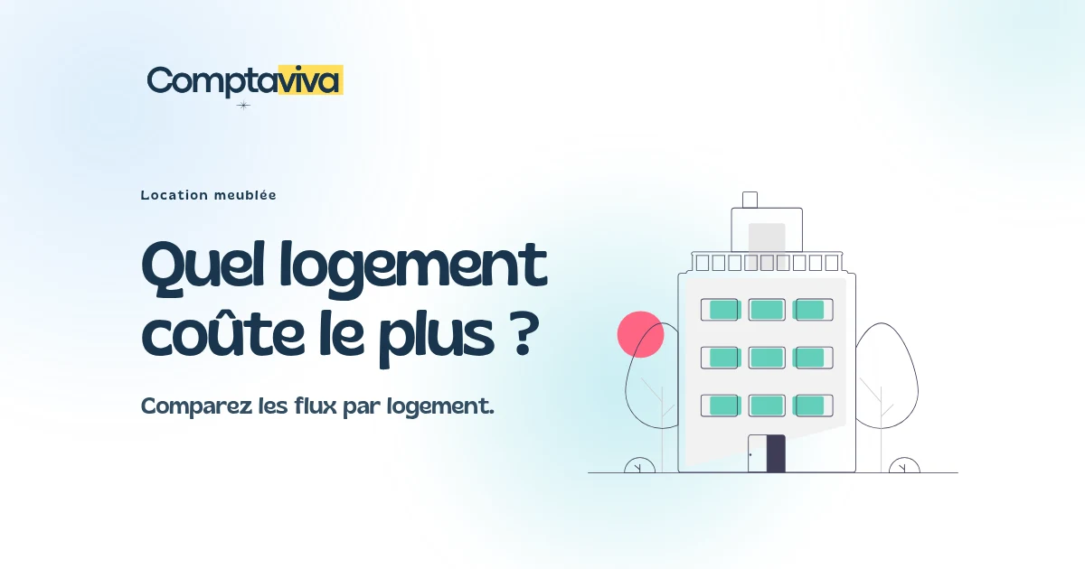 Location meublée : quel logement coûte le plus ? Comparez les flux par logement. Illustration d’un immeuble aux fenêtres vertes, cover Comptaviva.
